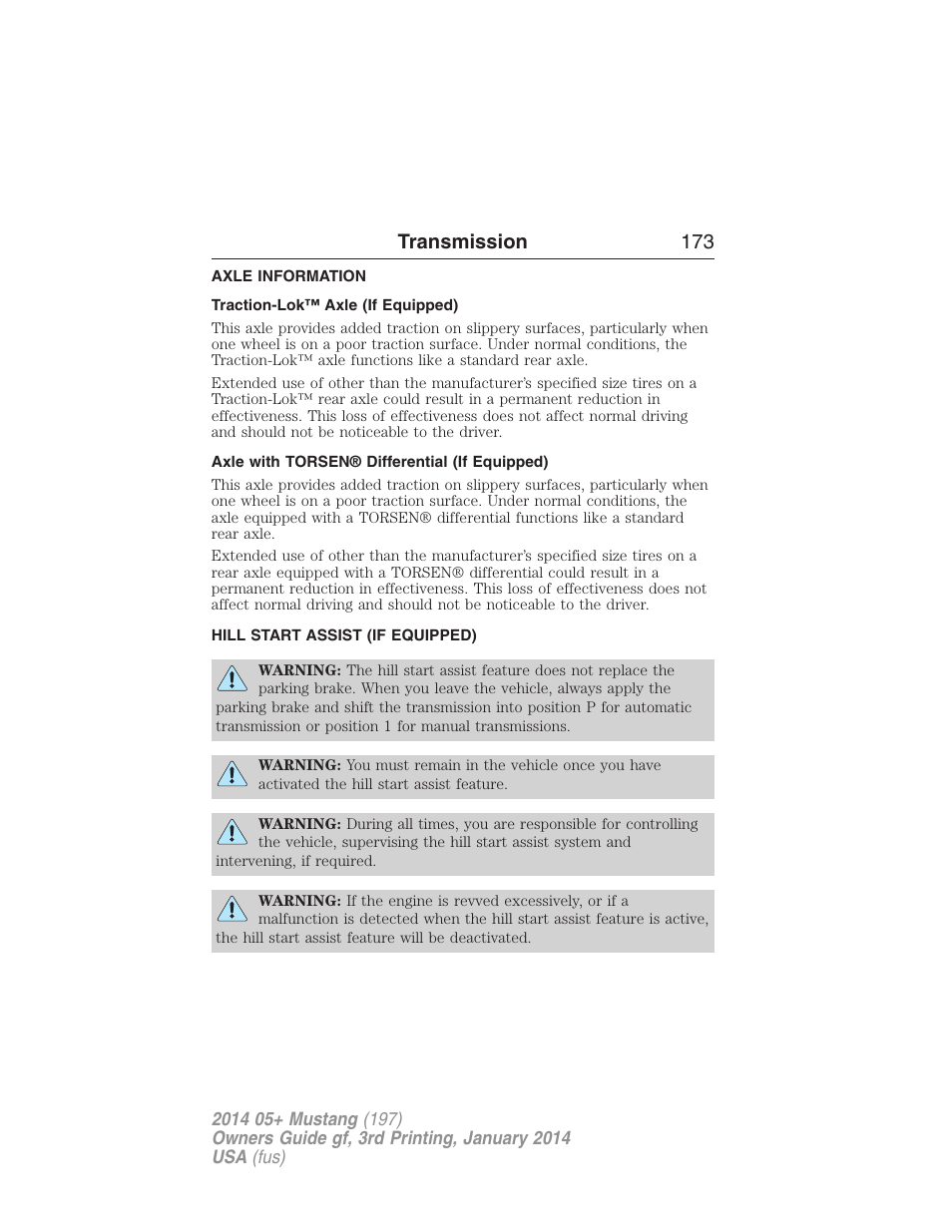 Axle information, Traction-lok™ axle (if equipped), Axle with torsen® differential (if equipped) | Hill start assist (if equipped), Hill start assist, Transmission 173 | FORD 2014 Mustang v.3 User Manual | Page 174 / 463