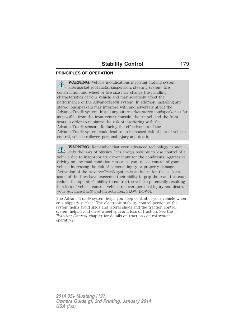 Stability control, Principles of operation, Advancetrac | Stability control 179 | FORD 2014 Mustang v.3 User Manual | Page 180 / 463
