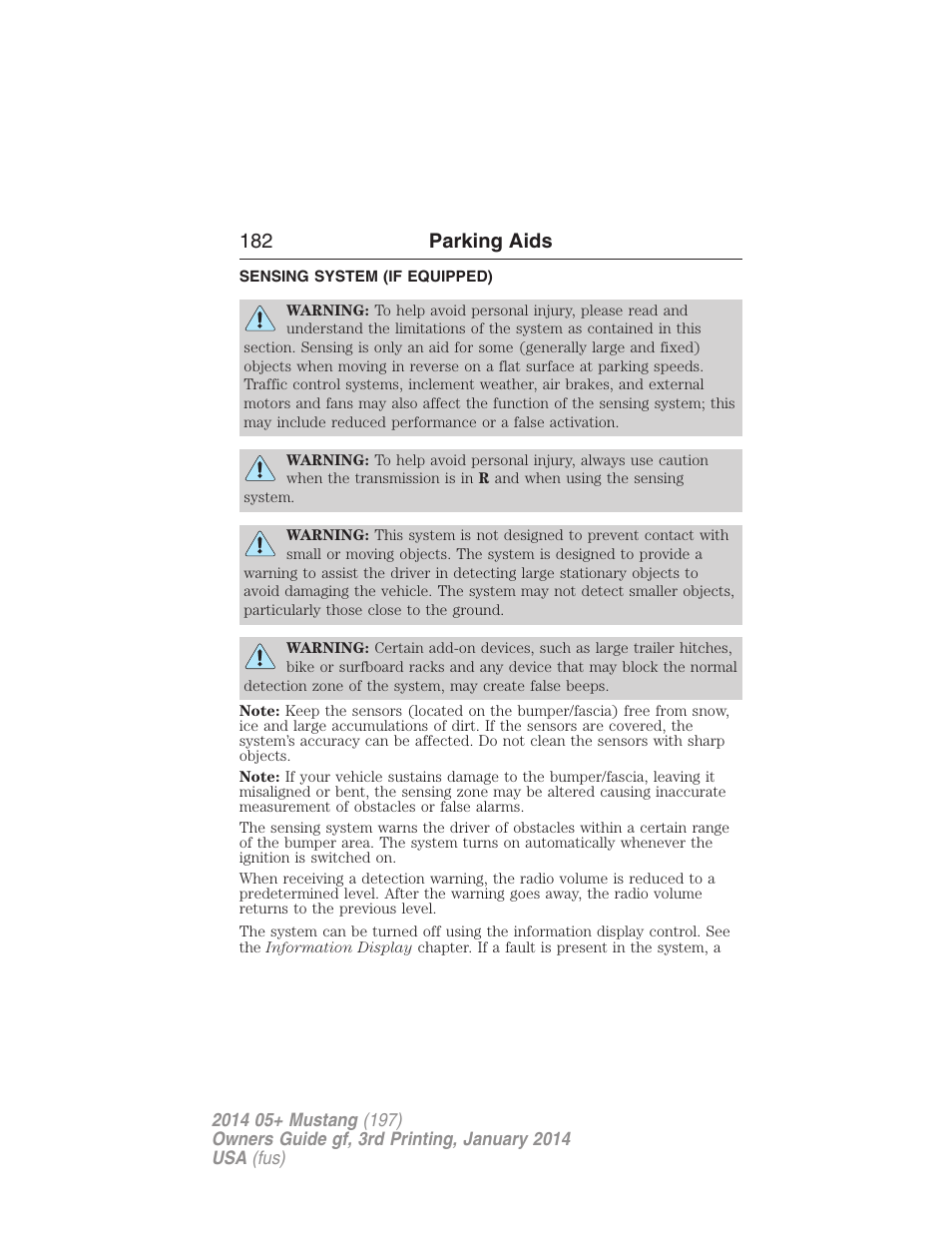 Parking aids, Sensing system (if equipped), Sensing system | 182 parking aids | FORD 2014 Mustang v.3 User Manual | Page 183 / 463