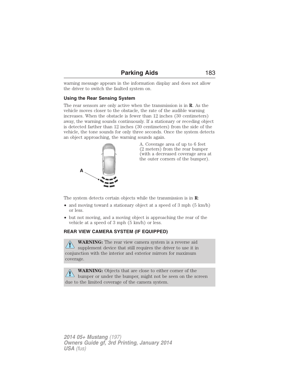Using the rear sensing system, Rear view camera system (if equipped), Rear-view camera system | Parking aids 183 | FORD 2014 Mustang v.3 User Manual | Page 184 / 463