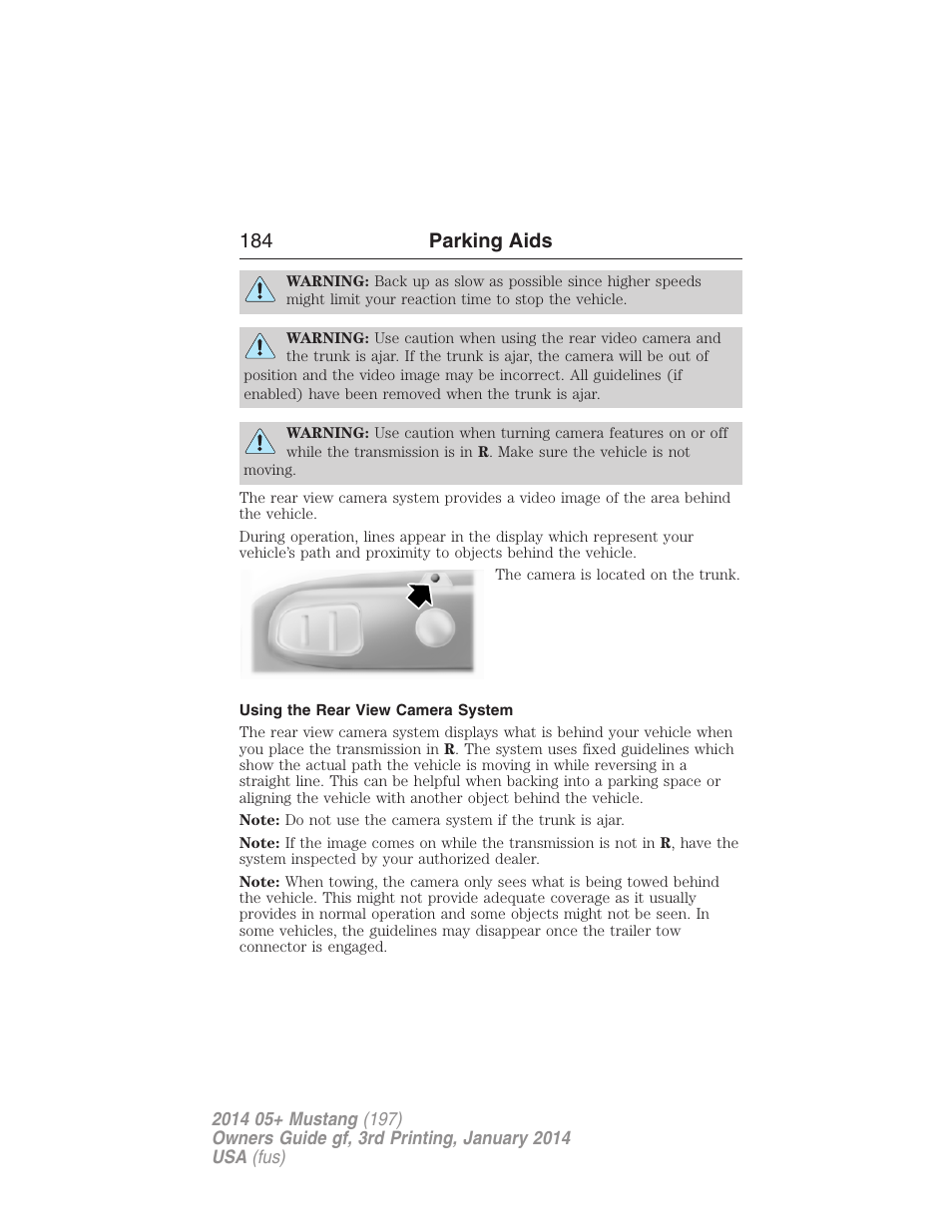 Using the rear view camera system, 184 parking aids | FORD 2014 Mustang v.3 User Manual | Page 185 / 463