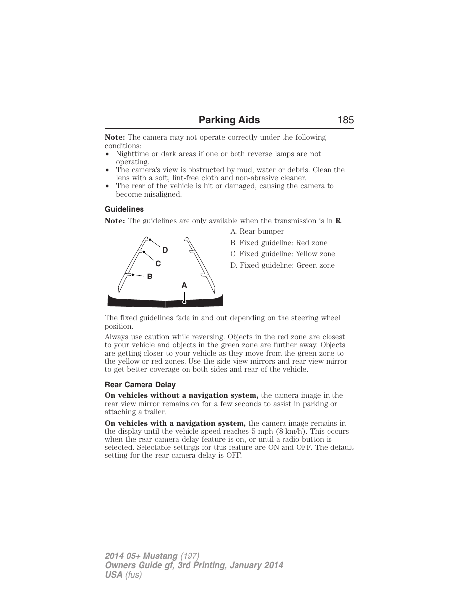 Guidelines, Rear camera delay, Parking aids 185 | FORD 2014 Mustang v.3 User Manual | Page 186 / 463