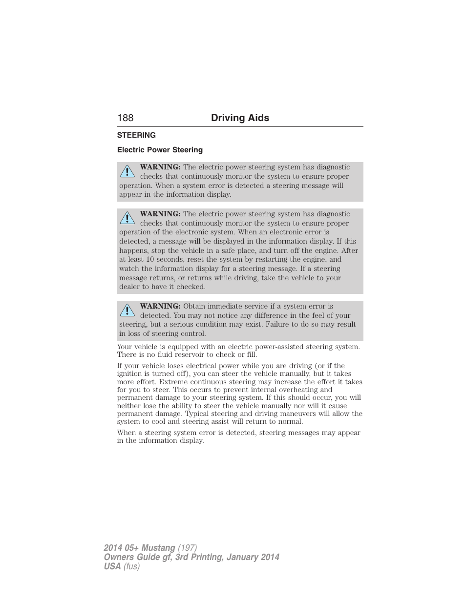 Driving aids, Steering, Electric power steering | 188 driving aids | FORD 2014 Mustang v.3 User Manual | Page 189 / 463
