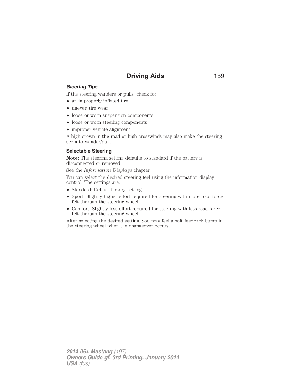 Steering tips, Selectable steering, Driving aids 189 | FORD 2014 Mustang v.3 User Manual | Page 190 / 463
