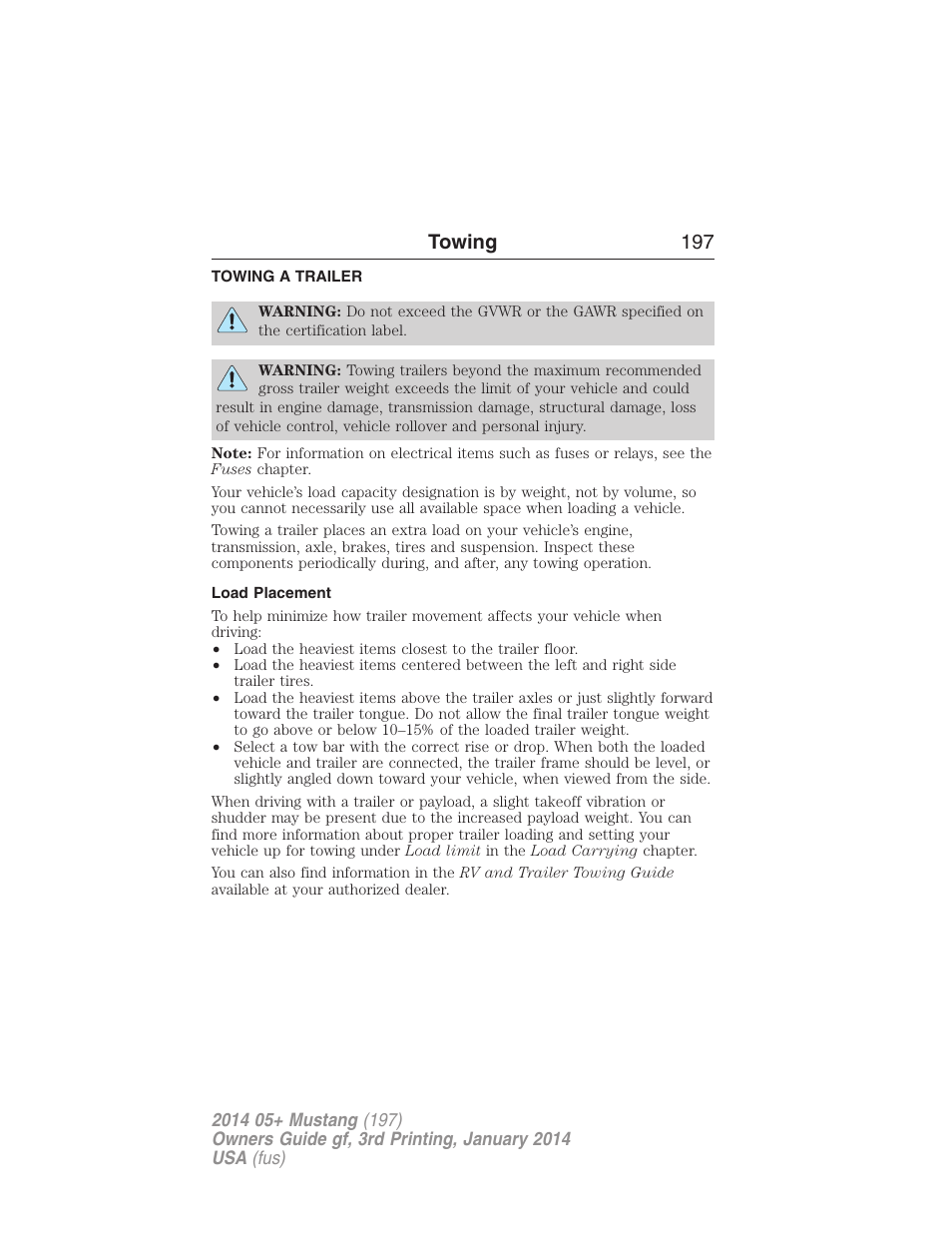 Towing, Towing a trailer, Load placement | Trailer towing, Towing 197 | FORD 2014 Mustang v.3 User Manual | Page 198 / 463