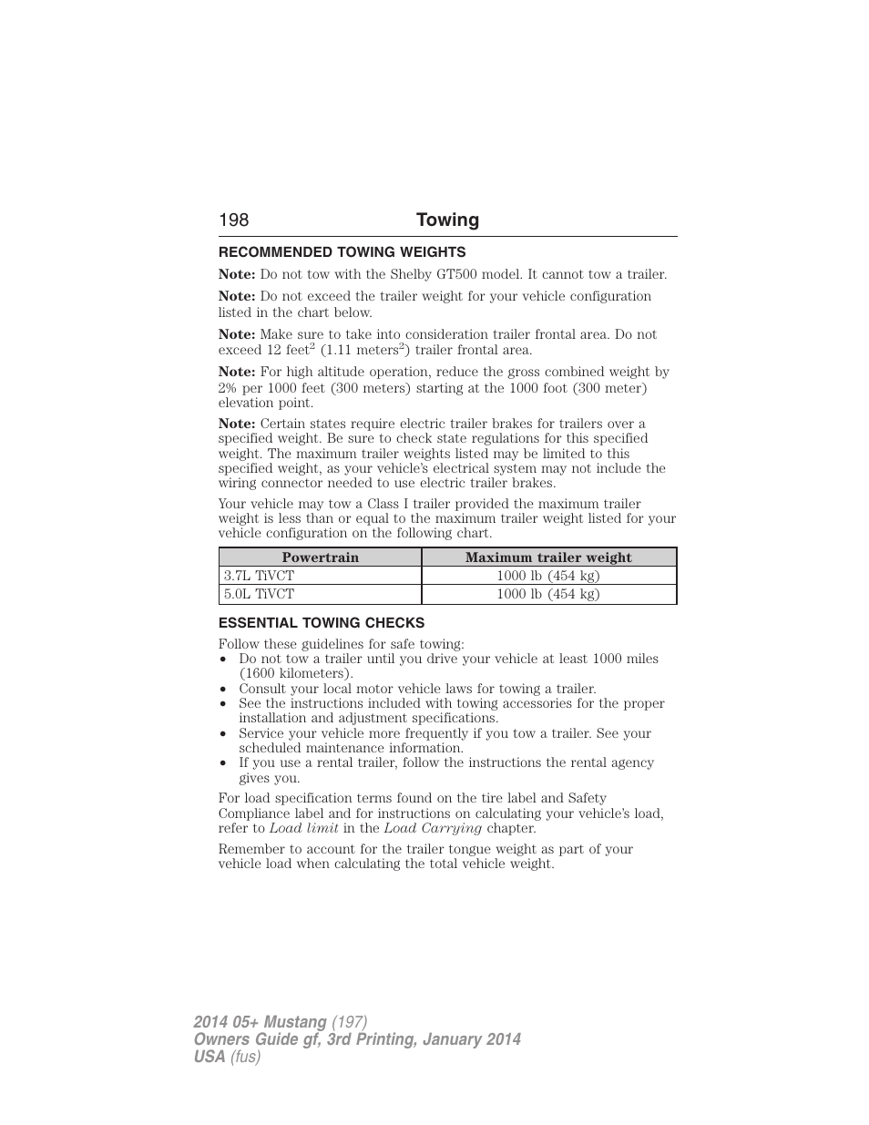 Recommended towing weights, Essential towing checks, 198 towing | FORD 2014 Mustang v.3 User Manual | Page 199 / 463