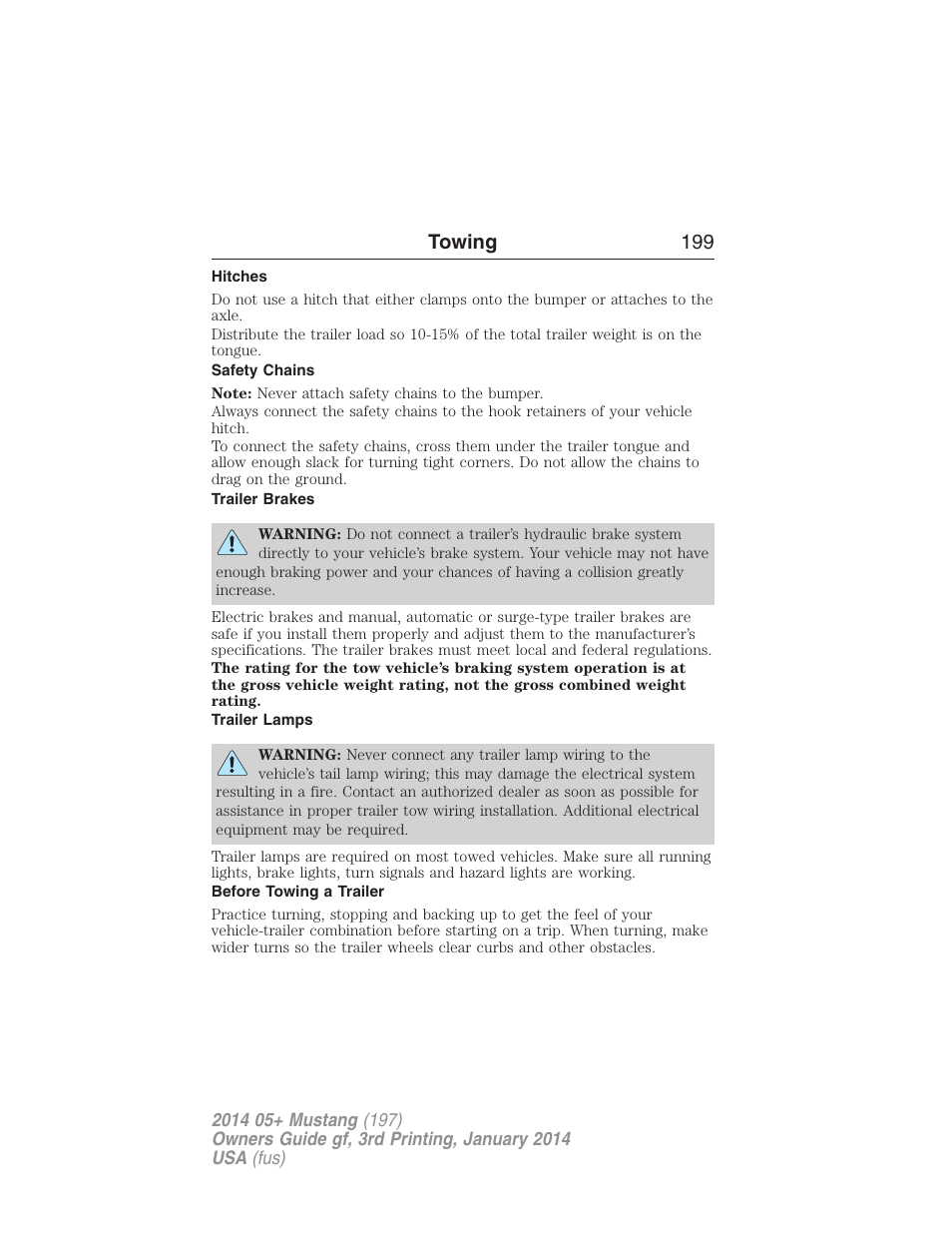 Hitches, Safety chains, Trailer brakes | Trailer lamps, Before towing a trailer, Towing 199 | FORD 2014 Mustang v.3 User Manual | Page 200 / 463