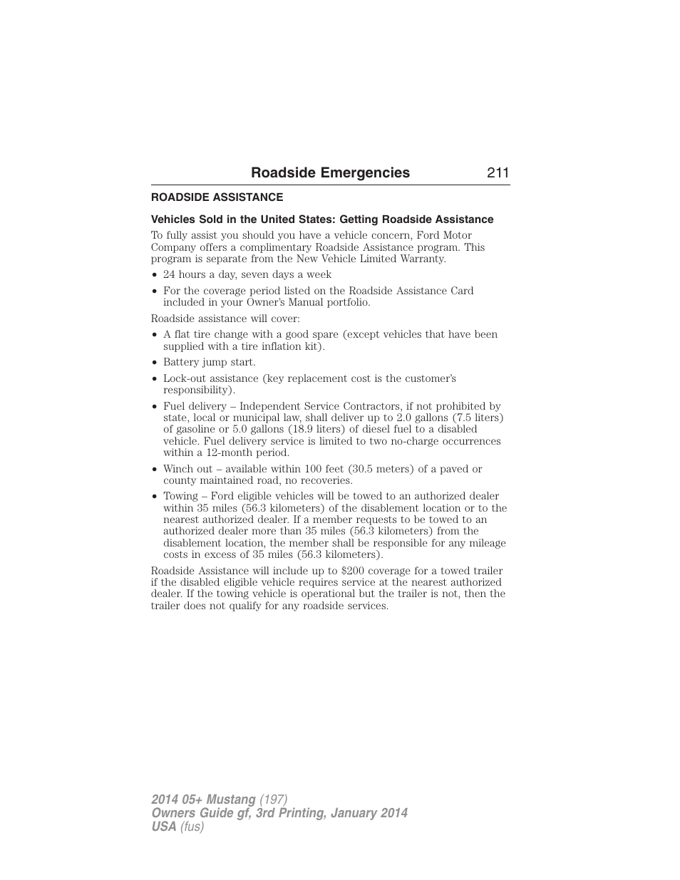 Roadside emergencies, Roadside assistance, Getting roadside assistance | Roadside emergencies 211 | FORD 2014 Mustang v.3 User Manual | Page 212 / 463