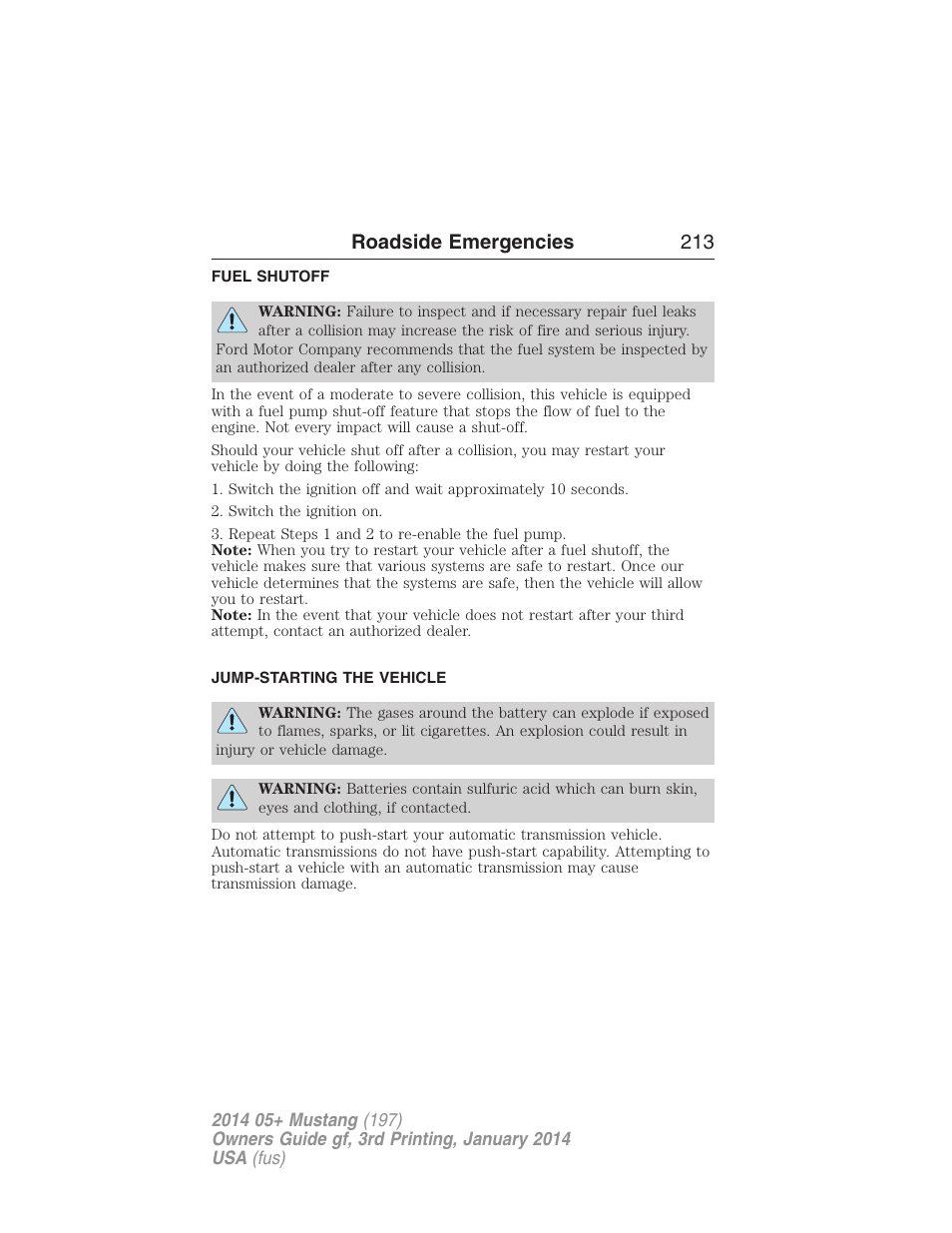 Fuel shutoff, Jump-starting the vehicle, Fuel cut-off switch | Roadside emergencies 213 | FORD 2014 Mustang v.3 User Manual | Page 214 / 463