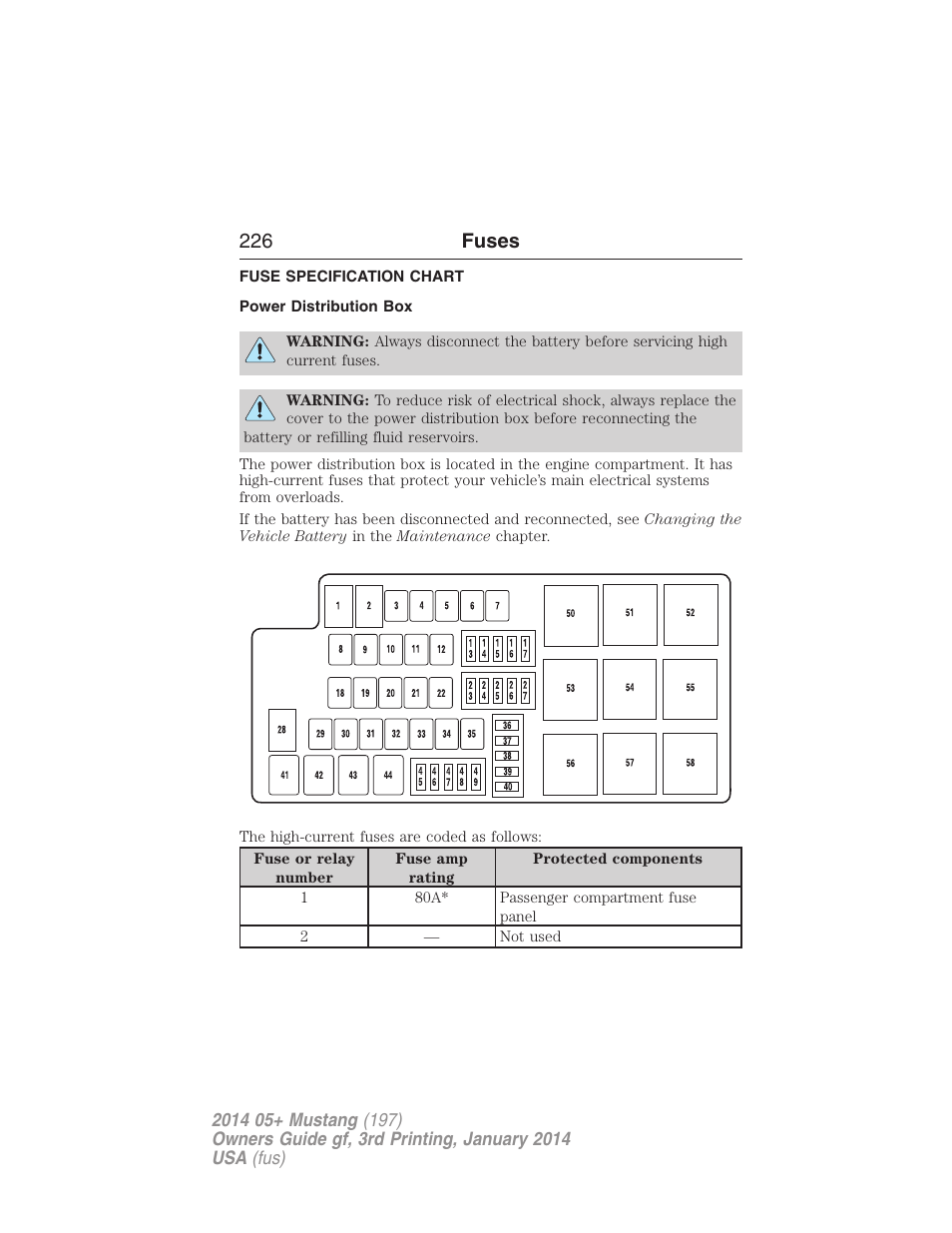 Fuse specification chart, Power distribution box, 226 fuses | FORD 2014 Mustang v.3 User Manual | Page 227 / 463