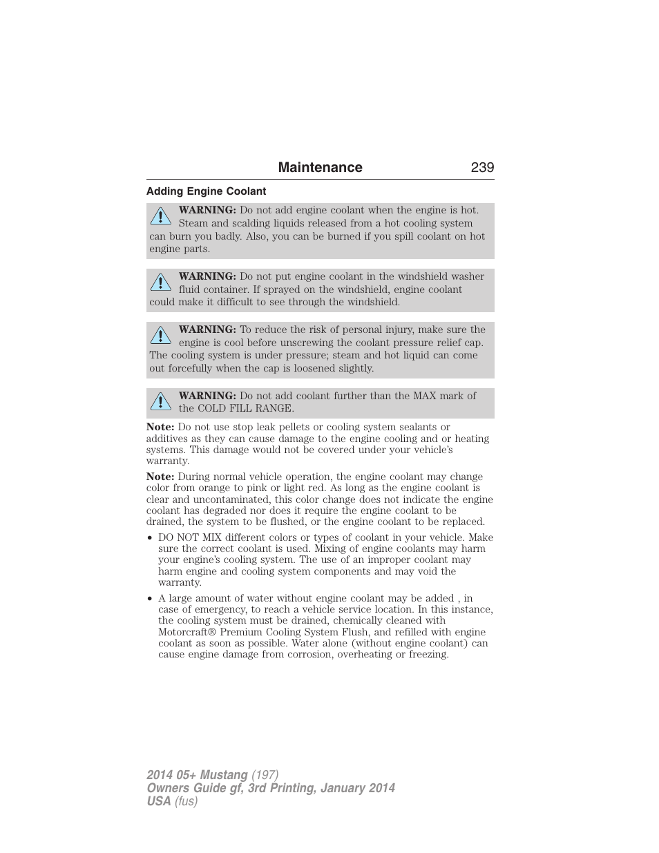 Adding engine coolant, Maintenance 239 | FORD 2014 Mustang v.3 User Manual | Page 240 / 463