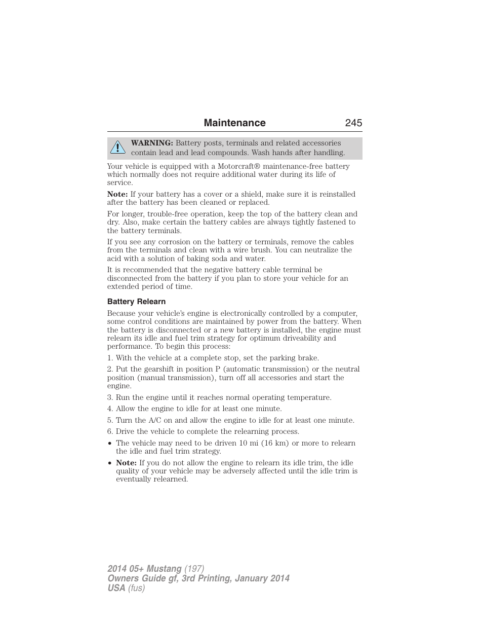 Battery relearn, Maintenance 245 | FORD 2014 Mustang v.3 User Manual | Page 246 / 463