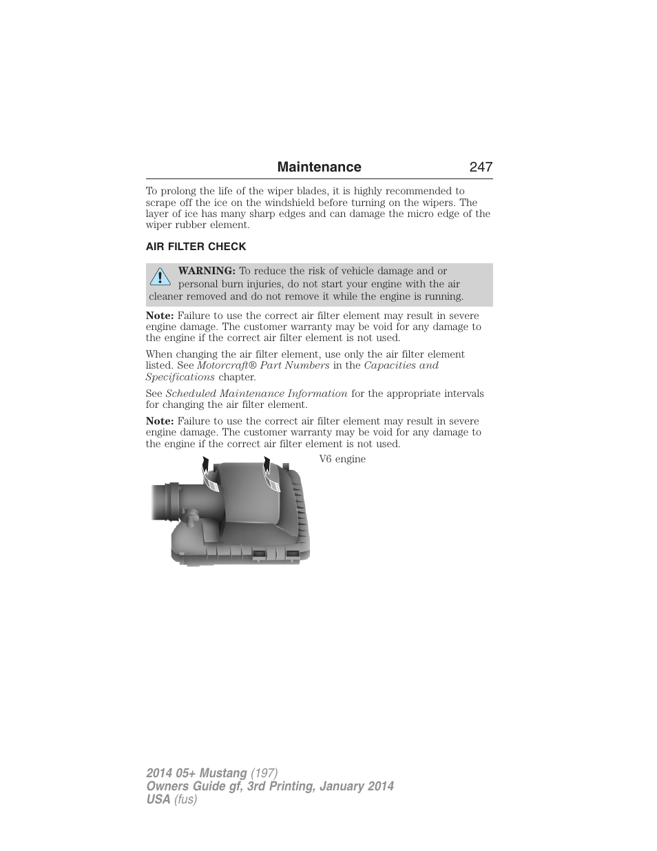 Air filter check, Air filter(s), Maintenance 247 | FORD 2014 Mustang v.3 User Manual | Page 248 / 463