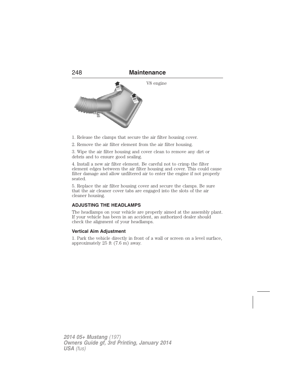 Adjusting the headlamps, Vertical aim adjustment, 248 maintenance | FORD 2014 Mustang v.3 User Manual | Page 249 / 463