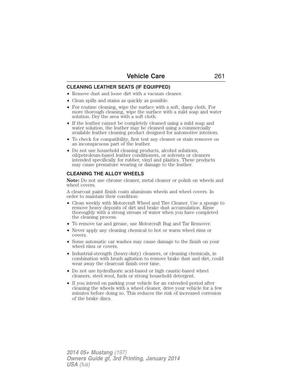 Cleaning leather seats (if equipped), Cleaning the alloy wheels, Cleaning leather seats | Vehicle care 261 | FORD 2014 Mustang v.3 User Manual | Page 262 / 463