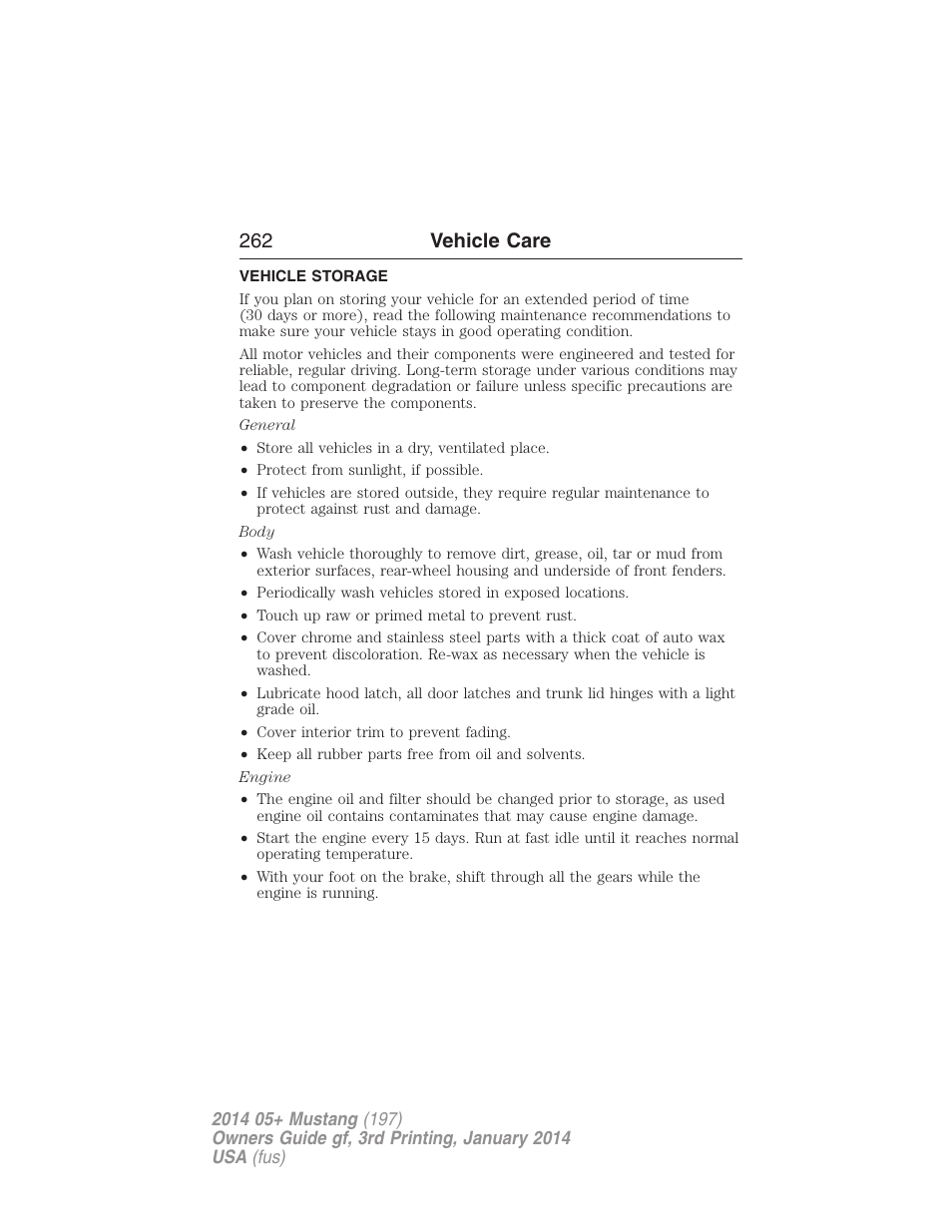 Vehicle storage, 262 vehicle care | FORD 2014 Mustang v.3 User Manual | Page 263 / 463