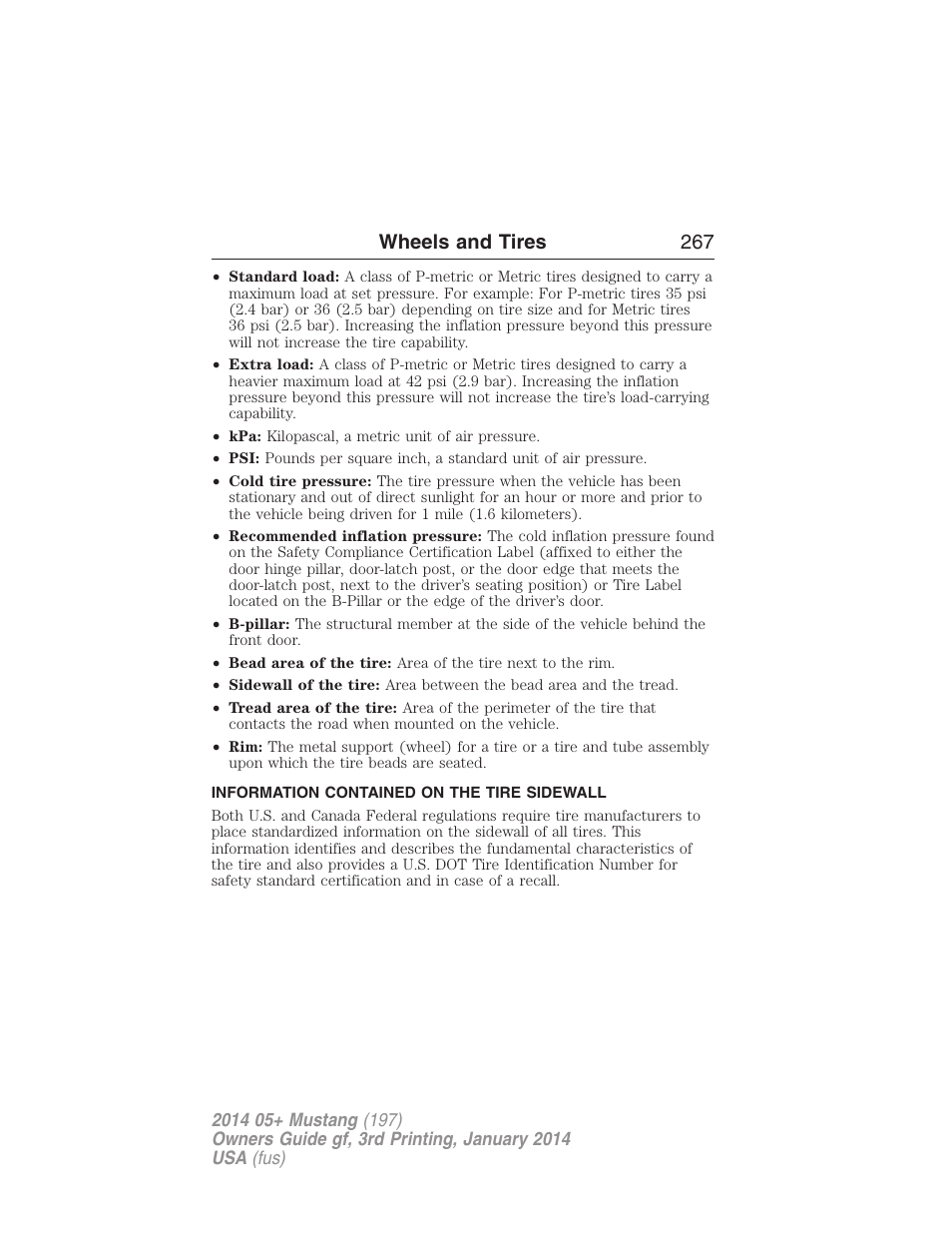 Information contained on the tire sidewall, Wheels and tires 267 | FORD 2014 Mustang v.3 User Manual | Page 268 / 463