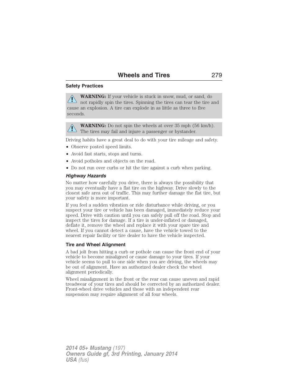 Safety practices, Highway hazards, Tire and wheel alignment | Wheels and tires 279 | FORD 2014 Mustang v.3 User Manual | Page 280 / 463