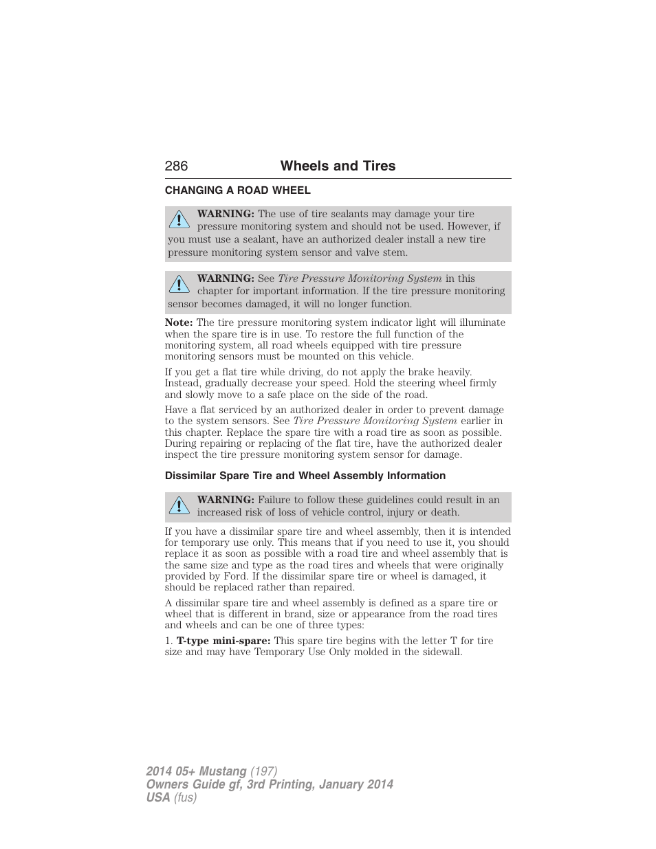Changing a road wheel, 286 wheels and tires | FORD 2014 Mustang v.3 User Manual | Page 287 / 463