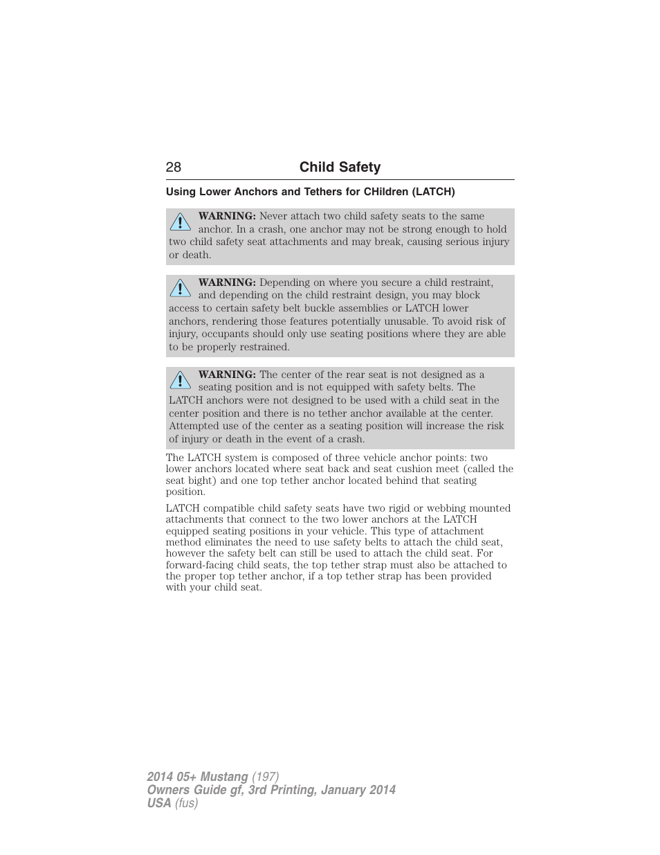 28 child safety | FORD 2014 Mustang v.3 User Manual | Page 29 / 463