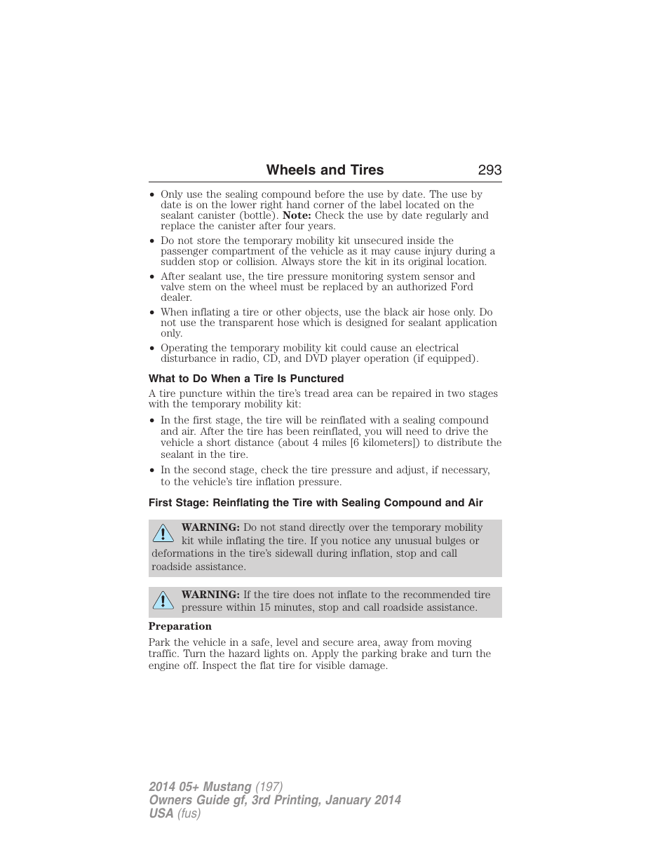 What to do when a tire is punctured, Wheels and tires 293 | FORD 2014 Mustang v.3 User Manual | Page 294 / 463