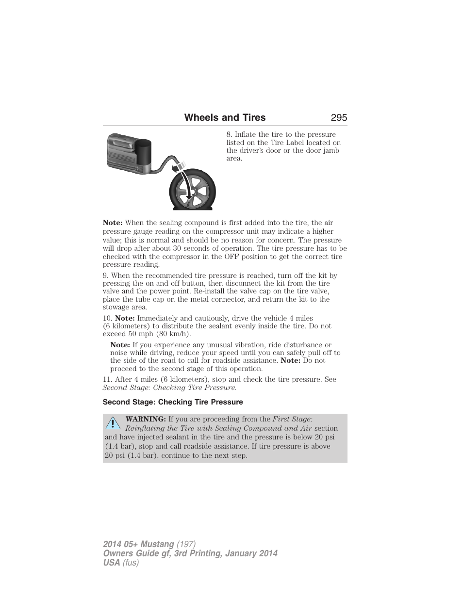 Second stage: checking tire pressure, Wheels and tires 295 | FORD 2014 Mustang v.3 User Manual | Page 296 / 463