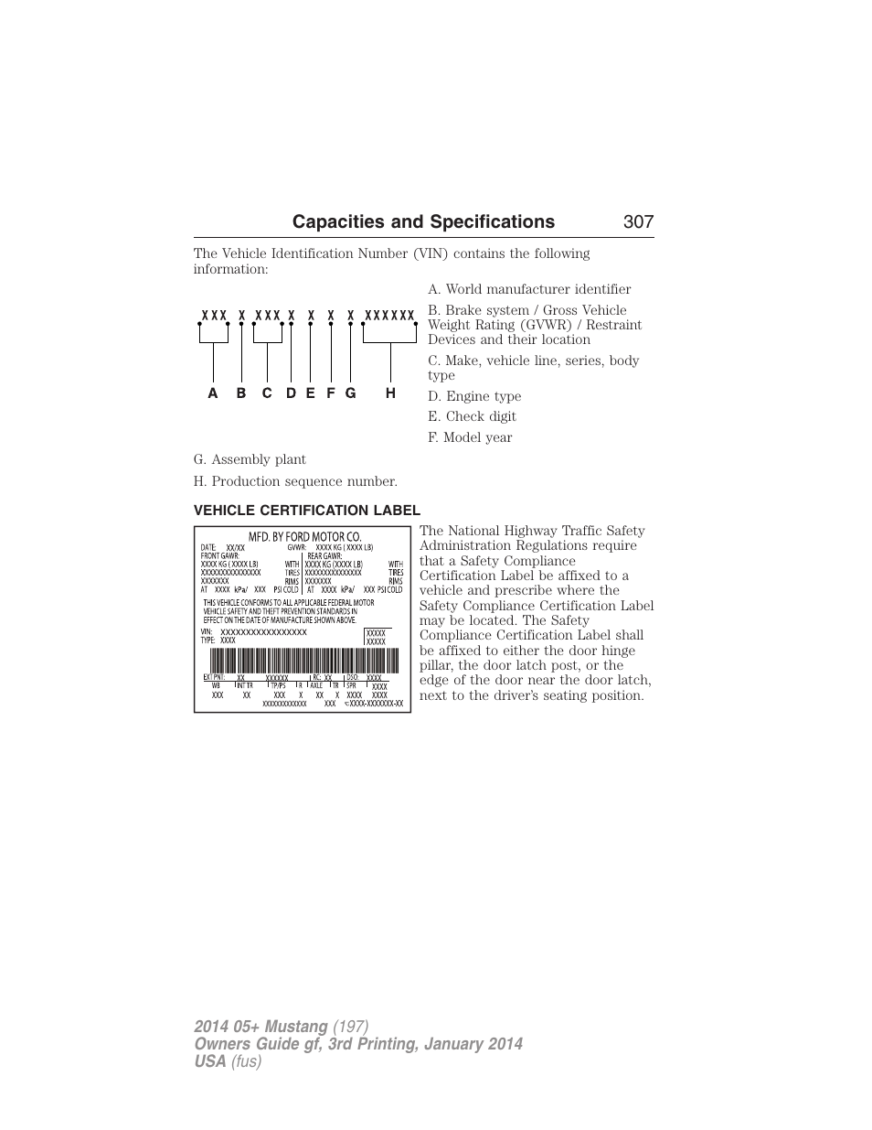 Vehicle certification label, Capacities and specifications 307 | FORD 2014 Mustang v.3 User Manual | Page 308 / 463