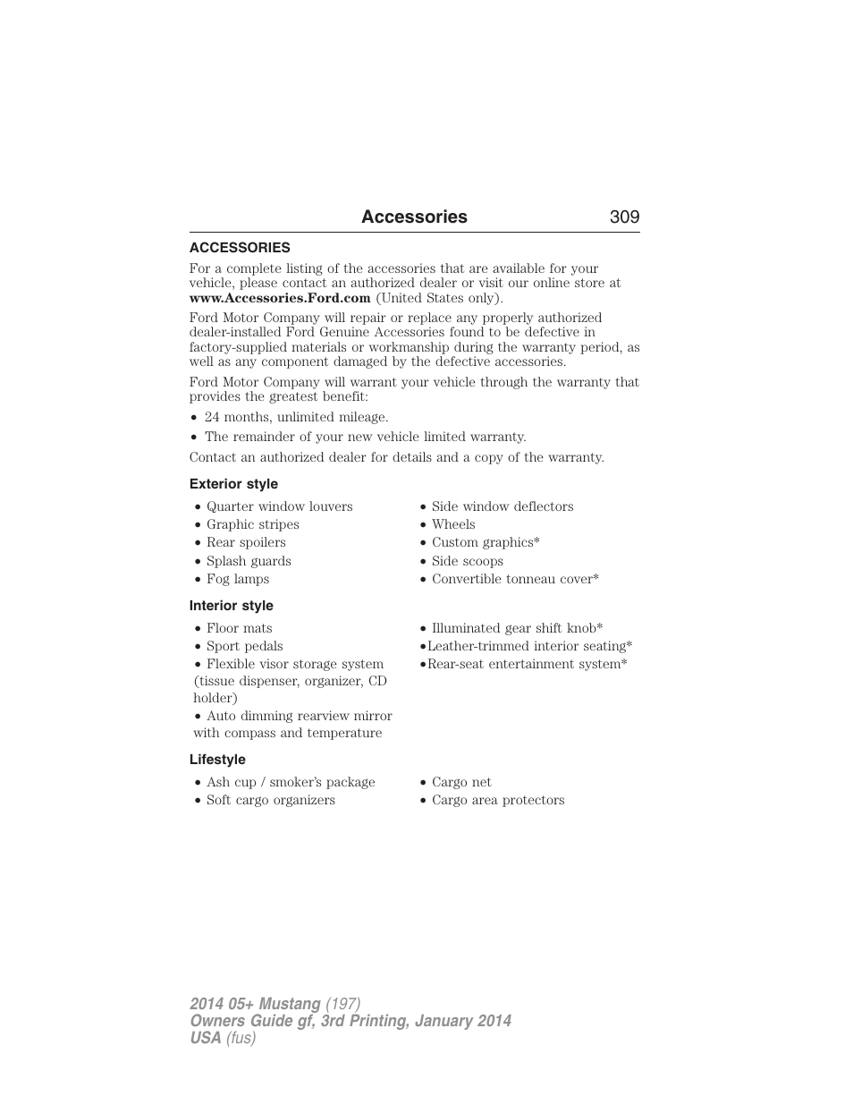 Accessories, Exterior style, Interior style | Lifestyle, Accessories 309 | FORD 2014 Mustang v.3 User Manual | Page 310 / 463