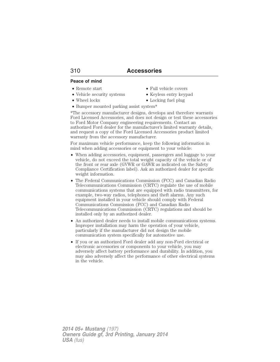 Peace of mind, 310 accessories | FORD 2014 Mustang v.3 User Manual | Page 311 / 463