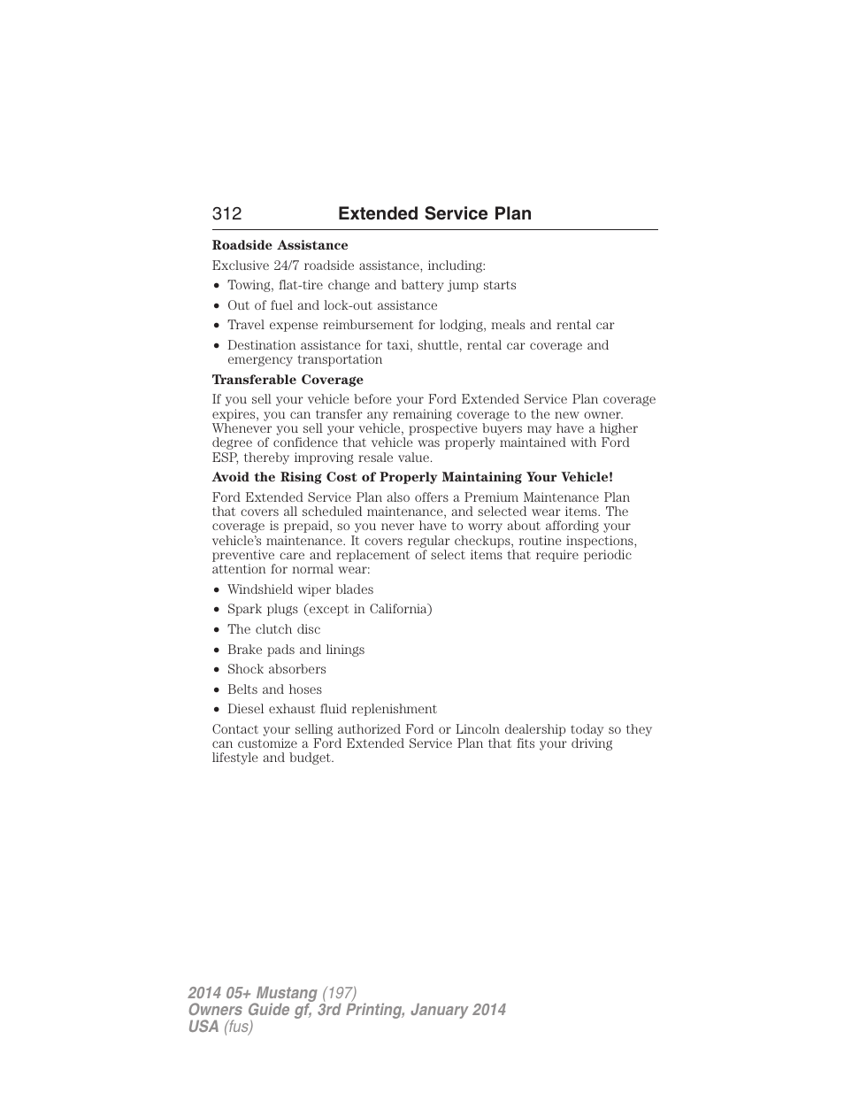 312 extended service plan | FORD 2014 Mustang v.3 User Manual | Page 313 / 463