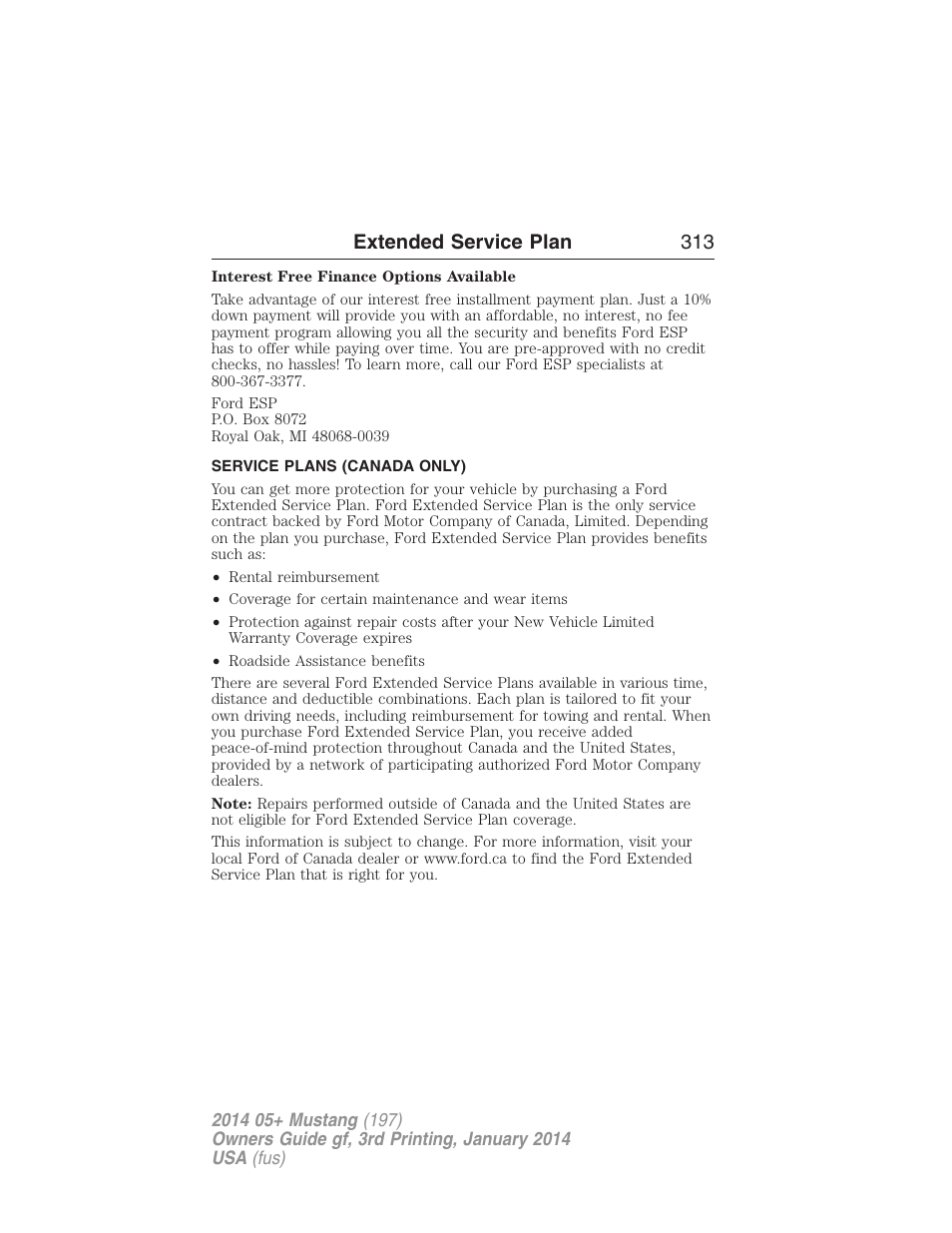 Service plans (canada only), Extended service plan 313 | FORD 2014 Mustang v.3 User Manual | Page 314 / 463