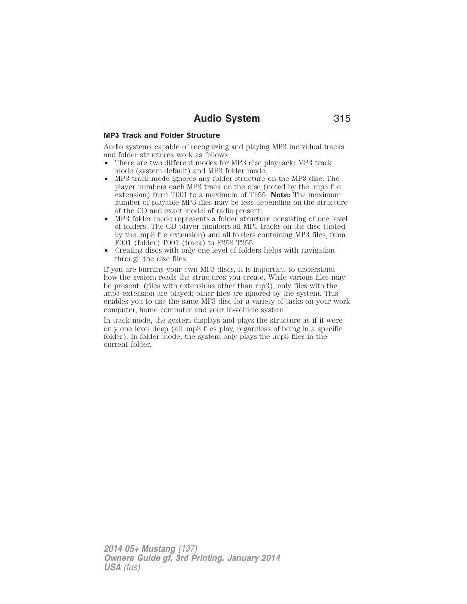 Mp3 track and folder structure, Audio system 315 | FORD 2014 Mustang v.3 User Manual | Page 316 / 463