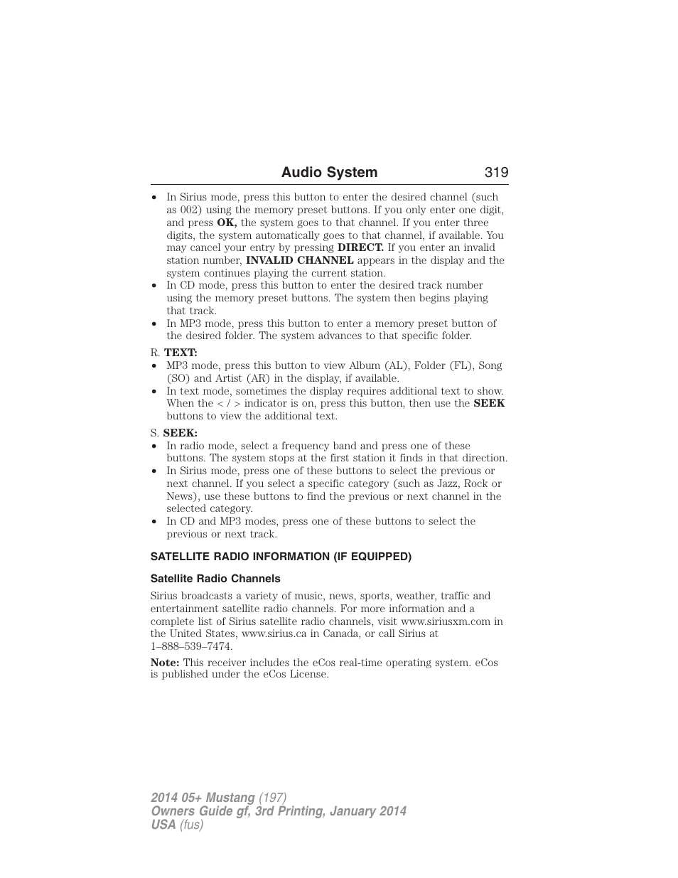 Satellite radio information (if equipped), Satellite radio channels, Satellite radio information | Audio system 319 | FORD 2014 Mustang v.3 User Manual | Page 320 / 463