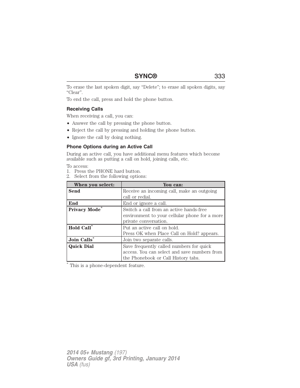 Receiving calls, Phone options during an active call, Sync® 333 | FORD 2014 Mustang v.3 User Manual | Page 334 / 463
