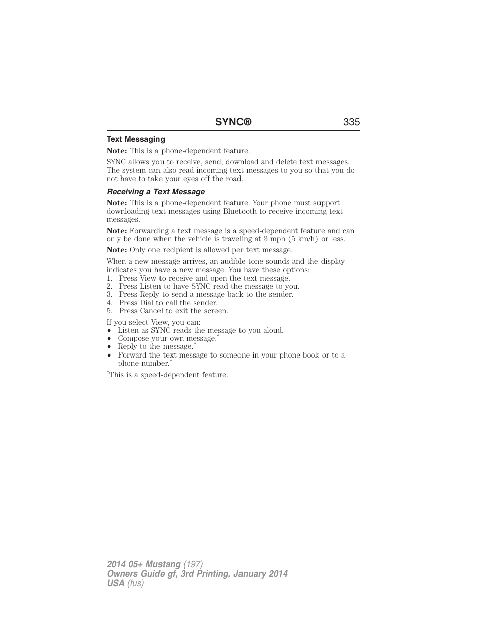 Text messaging, Receiving a text message, Sync® 335 | FORD 2014 Mustang v.3 User Manual | Page 336 / 463