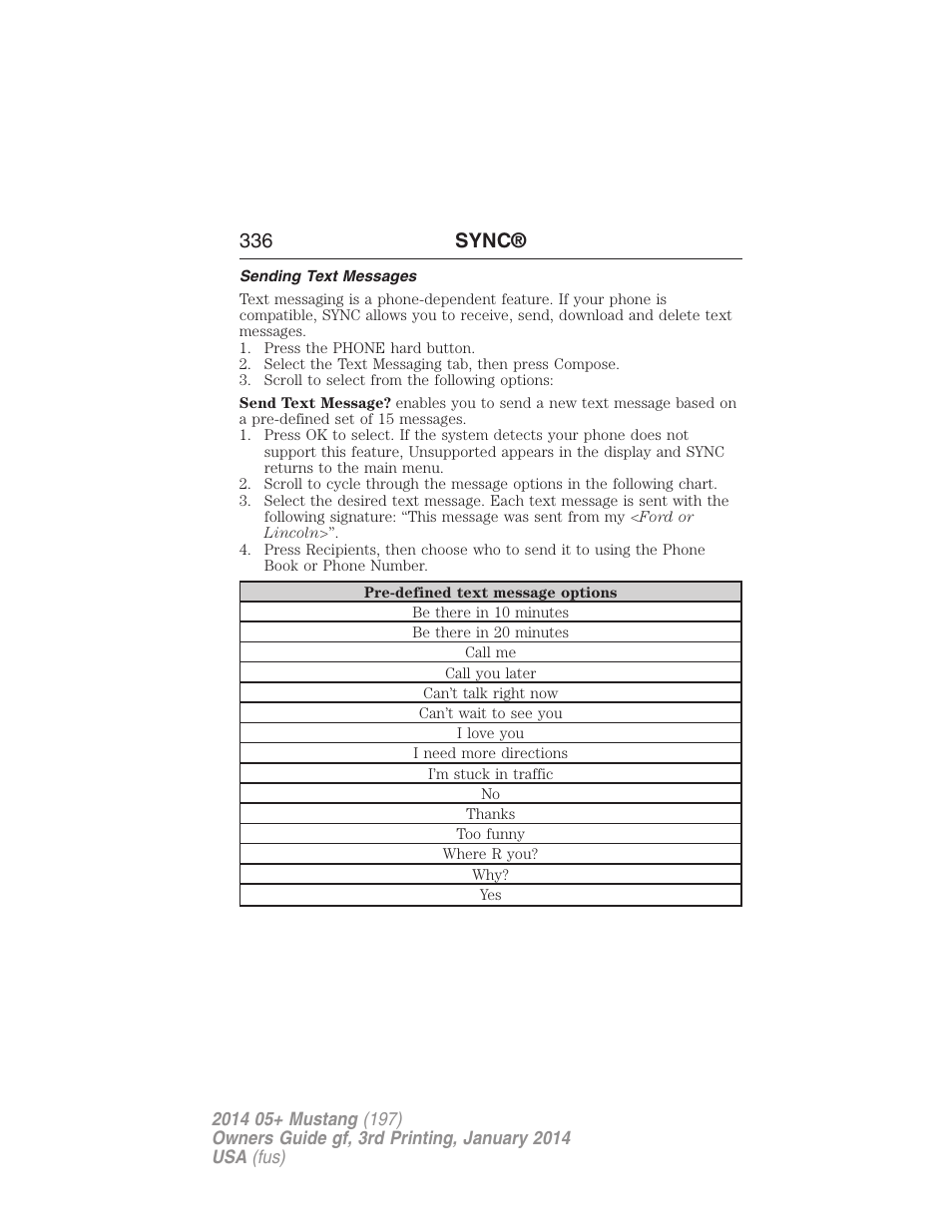 Sending text messages, 336 sync | FORD 2014 Mustang v.3 User Manual | Page 337 / 463