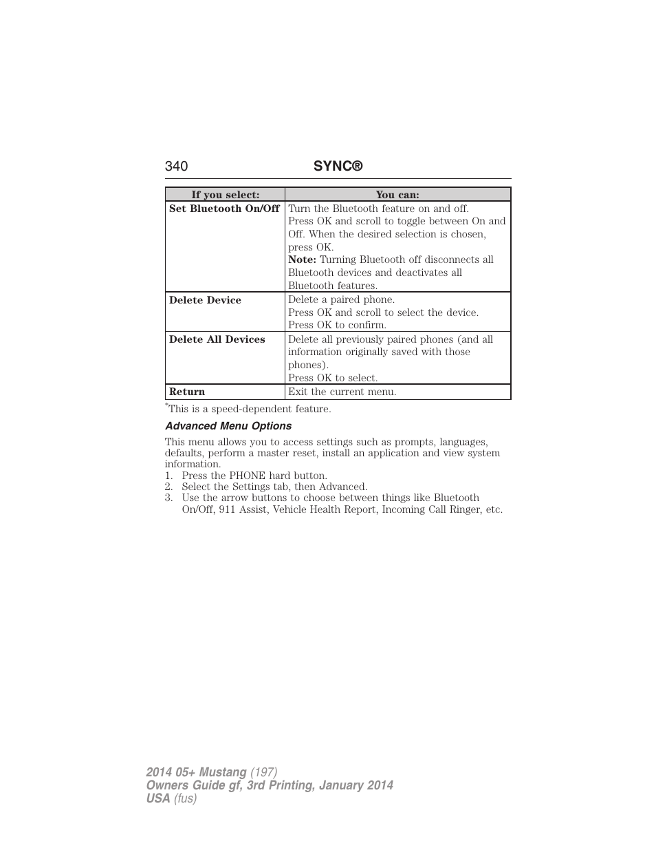 Advanced menu options, 340 sync | FORD 2014 Mustang v.3 User Manual | Page 341 / 463