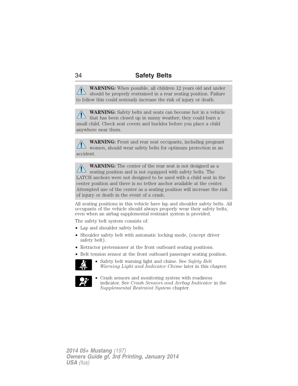34 safety belts | FORD 2014 Mustang v.3 User Manual | Page 35 / 463