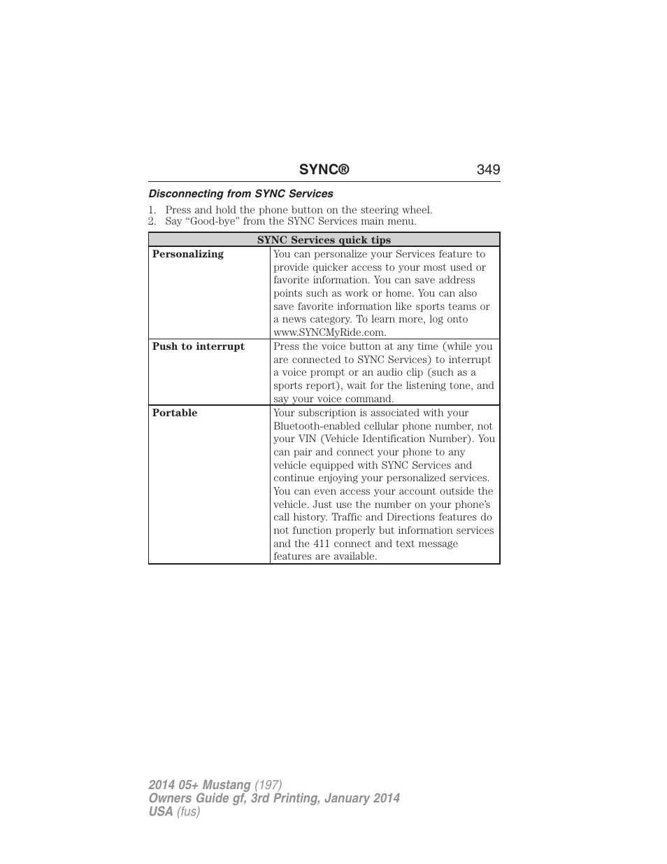 Disconnecting from sync services, Sync® 349 | FORD 2014 Mustang v.3 User Manual | Page 350 / 463