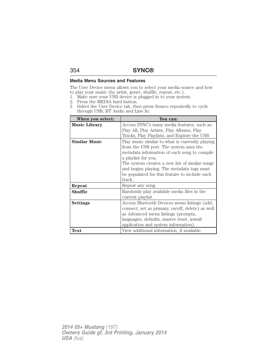 Media menu sources and features, 354 sync | FORD 2014 Mustang v.3 User Manual | Page 355 / 463