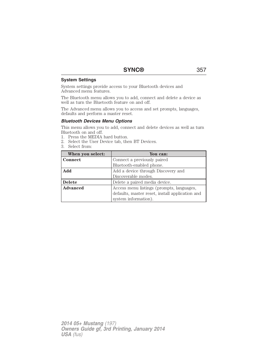 System settings, Bluetooth devices menu options, Sync® 357 | FORD 2014 Mustang v.3 User Manual | Page 358 / 463