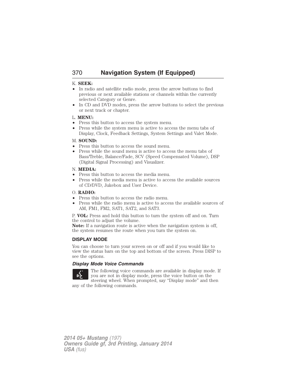 Display mode, Display mode voice commands, 370 navigation system (if equipped) | FORD 2014 Mustang v.3 User Manual | Page 371 / 463