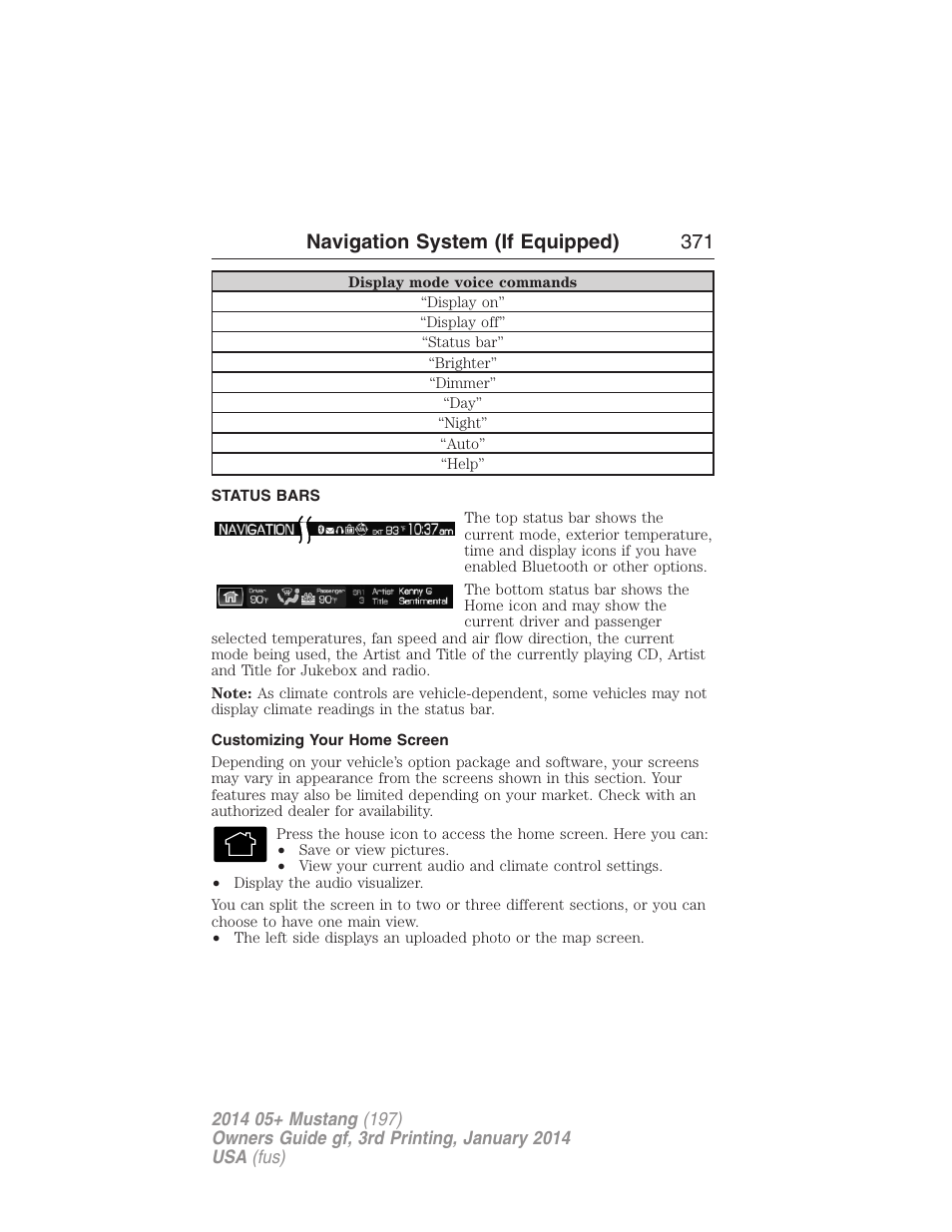 Status bars, Customizing your home screen, Navigation system (if equipped) 371 | FORD 2014 Mustang v.3 User Manual | Page 372 / 463