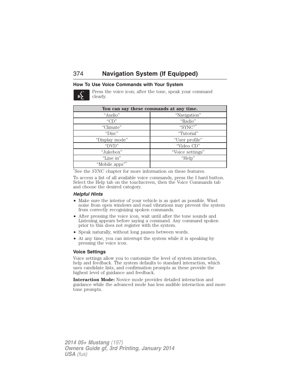 How to use voice commands with your system, Helpful hints, Voice settings | 374 navigation system (if equipped) | FORD 2014 Mustang v.3 User Manual | Page 375 / 463