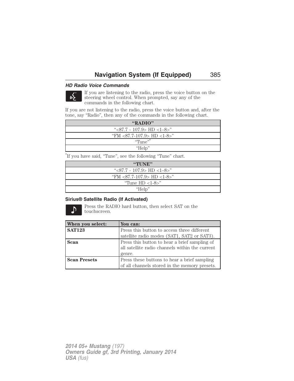 Hd radio voice commands, Sirius® satellite radio (if activated), Navigation system (if equipped) 385 | FORD 2014 Mustang v.3 User Manual | Page 386 / 463