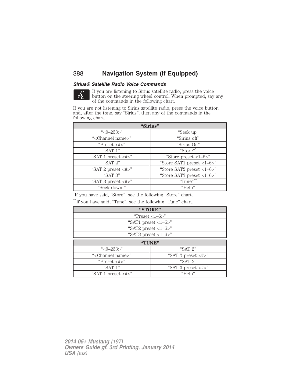 Sirius® satellite radio voice commands, 388 navigation system (if equipped) | FORD 2014 Mustang v.3 User Manual | Page 389 / 463