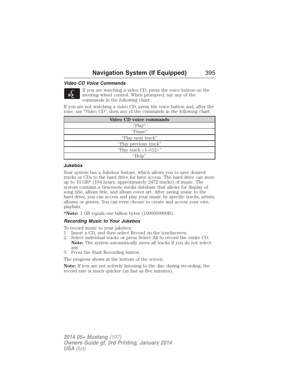 Video cd voice commands, Jukebox, Recording music to your jukebox | Jukebox features, Recording (saving) music to your jukebox, Navigation system (if equipped) 395 | FORD 2014 Mustang v.3 User Manual | Page 396 / 463