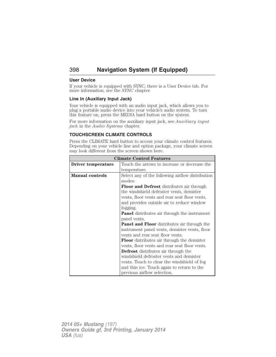 User device, Line in (auxiliary input jack), Touchscreen climate controls | 398 navigation system (if equipped) | FORD 2014 Mustang v.3 User Manual | Page 399 / 463