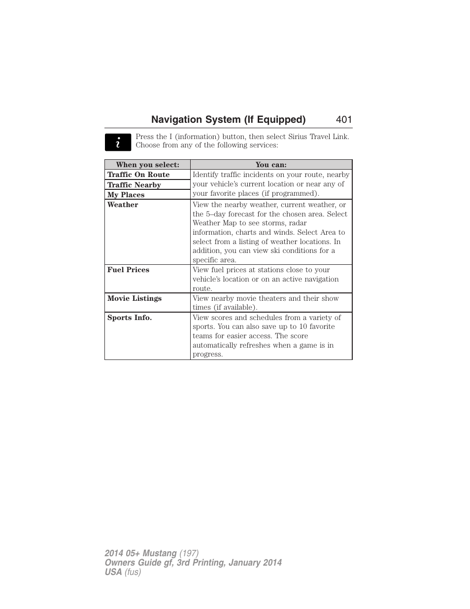 Navigation system (if equipped) 401 | FORD 2014 Mustang v.3 User Manual | Page 402 / 463