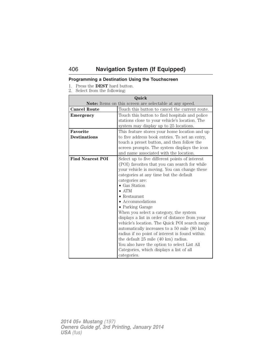 Programming a destination using the touchscreen, 406 navigation system (if equipped) | FORD 2014 Mustang v.3 User Manual | Page 407 / 463
